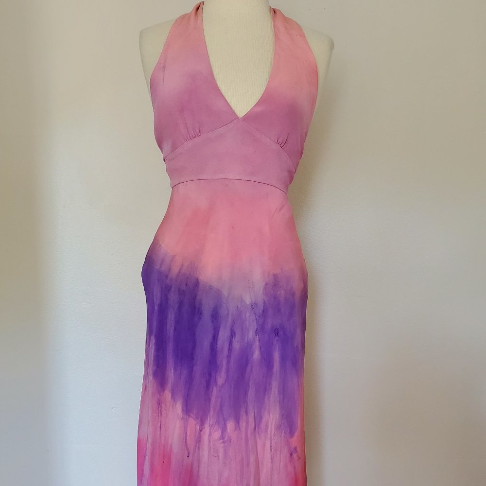 Silk Short midi halter Dress 4 6 bridesmaid wedding party tie dyed painted ombre